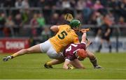 21 May 2023; Declan McLoughlin of Galway is tackled by Gerard Walsh of Antrim during the Leinster GAA Hurling Senior Championship Round 4 match between Galway and Antrim at Pearse Stadium in Galway. Photo by Tom Beary/Sportsfile
