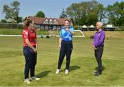 21 May 2023; Third umpire Paul Reynolds, right, with team captains Leah Paul of Dragon, left, and Louise Little of Typhoons during the coin toss before the Evoke Super Series match between Dragons and Typhoons at Oak Hill Cricket Club in Kilbride, Wicklow. Photo by Seb Daly/Sportsfile