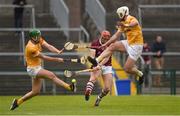 21 May 2023; Conor Whelan of Galway shoots to score his side’s second goal despite the attempts of Gerard Walsh, left, and Paddy Burke of Antrim during the Leinster GAA Hurling Senior Championship Round 4 match between Galway and Antrim at Pearse Stadium in Galway. Photo by Tom Beary/Sportsfile