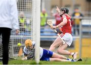 21 May 2023; Conor Cahalane of Cork during celebrates his 9th minute goal during the Munster GAA Hurling Senior Championship Round 4 match between Clare and Cork at Cusack Park in Ennis, Clare. Photo by John Sheridan/Sportsfile