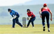 21 May 2023; Typhoons batter Robyn Searle and Dragons wicket-keeper Amy Hunter during the Evoke Super Series match between Dragons and Typhoons at Oak Hill Cricket Club in Kilbride, Wicklow. Photo by Seb Daly/Sportsfile