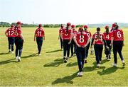 21 May 2023; Dragons players before the Evoke Super Series match between Dragons and Typhoons at Oak Hill Cricket Club in Kilbride, Wicklow. Photo by Seb Daly/Sportsfile