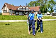 21 May 2023; Typhoons batters Robyn Searle, left, and and Louise Little the Evoke Super Series match between Dragons and Typhoons at Oak Hill Cricket Club in Kilbride, Wicklow. Photo by Seb Daly/Sportsfile