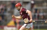 21 May 2023; Tom Monaghan of Galway celebrates after scoring his side's third goal during the Leinster GAA Hurling Senior Championship Round 4 match between Galway and Antrim at Pearse Stadium in Galway. Photo by Tom Beary/Sportsfile