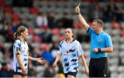 20 May 2023; Referee Mark Houlihan shows a yellow card to Lucy Jayne Grant of Athlone Town during the SSE Airtricity Women's Premier Division match between Bohemians and Athlone Town at Dalymount Park in Dublin. Photo by Seb Daly/Sportsfile