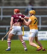 21 May 2023; Conor Whelan of Galway in action against Niall O'Connor of Antrim during the Leinster GAA Hurling Senior Championship Round 4 match between Galway and Antrim at Pearse Stadium in Galway. Photo by Tom Beary/Sportsfile