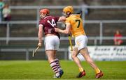 21 May 2023; Conor Whelan of Galway in action against Niall O'Connor of Antrim during the Leinster GAA Hurling Senior Championship Round 4 match between Galway and Antrim at Pearse Stadium in Galway. Photo by Tom Beary/Sportsfile