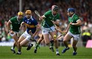 21 May 2023; Diarmaid Byrnes of Limerick in action against Jake Morris of Tipperary during the Munster GAA Hurling Senior Championship Round 4 match between Tipperary and Limerick at FBD Semple Stadium in Thurles, Tipperary. Photo by Brendan Moran/Sportsfile