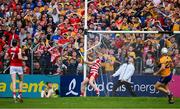 21 May 2023; An umpire and the Cork goalkeeper Ger Collins watch Diarmuid Ryan's shot go over the bar for what proves to be be the winning poing during the Munster GAA Hurling Senior Championship Round 4 match between Clare and Cork at Cusack Park in Ennis, Clare. Photo by Ray McManus/Sportsfile