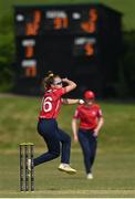 21 May 2023; Dragons bowler Leah Paul during the Evoke Super Series match between Dragons and Typhoons at Oak Hill Cricket Club in Kilbride, Wicklow. Photo by Seb Daly/Sportsfile