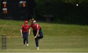 21 May 2023; Dragons bowler Leah Paul during the Evoke Super Series match between Dragons and Typhoons at Oak Hill Cricket Club in Kilbride, Wicklow. Photo by Seb Daly/Sportsfile