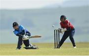 21 May 2023; Typhoons batter Mary Waldron and Dragons wicket-keeper Amy Hunter during the Evoke Super Series match between Dragons and Typhoons at Oak Hill Cricket Club in Kilbride, Wicklow. Photo by Seb Daly/Sportsfile