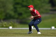 21 May 2023; Bella Armstrong of Dragons catches out Typhoons batter Ava Canning in the outfield during the Evoke Super Series match between Dragons and Typhoons at Oak Hill Cricket Club in Kilbride, Wicklow. Photo by Seb Daly/Sportsfile