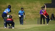 21 May 2023; Dragons bowler Leah Paul during the Evoke Super Series match between Dragons and Typhoons at Oak Hill Cricket Club in Kilbride, Wicklow. Photo by Seb Daly/Sportsfile