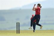 21 May 2023; Dragons bowler Kate McEvoy during the Evoke Super Series match between Dragons and Typhoons at Oak Hill Cricket Club in Kilbride, Wicklow. Photo by Seb Daly/Sportsfile