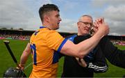 21 May 2023; John Conlon of Clare and manager Brian Lohan celebrate after the Munster GAA Hurling Senior Championship Round 4 match between Clare and Cork at Cusack Park in Ennis, Clare. Photo by Ray McManus/Sportsfile