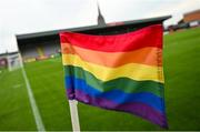 20 May 2023; LGBT Ireland corner flag before the SSE Airtricity Women's Premier Division match between Bohemians and Athlone Town at Dalymount Park in Dublin. Photo by Seb Daly/Sportsfile