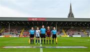 20 May 2023; Referee Mark Houlihan, and assistants Kate O'Brien and Sarah Dyas, with team captains Laurie Ryan of Athlone Town and Erica Burke of Bohemians before the SSE Airtricity Women's Premier Division match between Bohemians and Athlone Town at Dalymount Park in Dublin. Photo by Seb Daly/Sportsfile