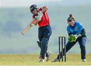 21 May 2023; Dragons batter Bella Armstrong and Typhoons wicket-keeper Mary Waldron during the Evoke Super Series match between Dragons and Typhoons at Oak Hill Cricket Club in Kilbride, Wicklow. Photo by Seb Daly/Sportsfile
