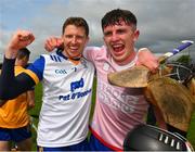 21 May 2023; Clare goalkeeper Eibhear Quilligan and corner back Adam Hogan celebrate after the Munster GAA Hurling Senior Championship Round 4 match between Clare and Cork at Cusack Park in Ennis, Clare. Photo by Ray McManus/Sportsfile