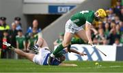 21 May 2023; Cathal Barrett of Tipperary prevents Seamus Flanagan of Limerick from gaining possession close to goal during the Munster GAA Hurling Senior Championship Round 4 match between Tipperary and Limerick at FBD Semple Stadium in Thurles, Tipperary. Photo by Brendan Moran/Sportsfile