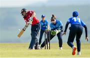 21 May 2023; Dragons batter Cara Murray and Typhoons wicket-keeper Mary Waldron during the Evoke Super Series match between Dragons and Typhoons at Oak Hill Cricket Club in Kilbride, Wicklow. Photo by Seb Daly/Sportsfile