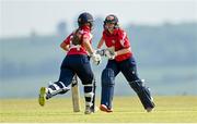21 May 2023; Dragons batters Cara Murray, right, and Amy Hunter during the Evoke Super Series match between Dragons and Typhoons at Oak Hill Cricket Club in Kilbride, Wicklow. Photo by Seb Daly/Sportsfile