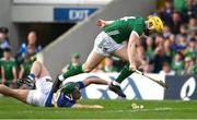 21 May 2023; Cathal Barrett of Tipperary prevents Seamus Flanagan of Limerick from gaining possession close to goal during the Munster GAA Hurling Senior Championship Round 4 match between Tipperary and Limerick at FBD Semple Stadium in Thurles, Tipperary. Photo by Brendan Moran/Sportsfile