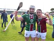 21 May 2023; Derek McNicholas, left, and Noel Conaty of Westmeath celebrate after the Leinster GAA Hurling Senior Championship Round 4 match between Wexford and Westmeath at Chadwicks Wexford Park in Wexford. Photo by Daire Brennan/Sportsfile