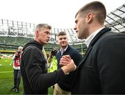 20 May 2023; La Rochelle head coach Ronan O'Gara with Dan and Tony Foley, sons of the late Anthony Foley, during the Heineken Champions Cup final match between Leinster and La Rochelle at the Aviva Stadium in Dublin. Photo by Harry Murphy/Sportsfile