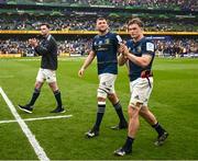 20 May 2023; Leinster players, from right, Josh van der Flier, Ross Molony and James Ryan after their side's defeat in the Heineken Champions Cup final match between Leinster and La Rochelle at the Aviva Stadium in Dublin. Photo by Harry Murphy/Sportsfile