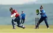 21 May 2023; Dragons batter Arlene Kelly is bowled out by Louise Little of Typhoons during the Evoke Super Series match between Dragons and Typhoons at Oak Hill Cricket Club in Kilbride, Wicklow. Photo by Seb Daly/Sportsfile