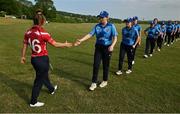 21 May 2023; Dragons captain Leah Paul, left, and Typhoons captain Louise Little shake hands after the Evoke Super Series match between Dragons and Typhoons at Oak Hill Cricket Club in Kilbride, Wicklow. Photo by Seb Daly/Sportsfile