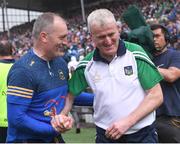 21 May 2023; Tipperary manager Liam Cahill and Limerick manager John Kiely after the Munster GAA Hurling Senior Championship Round 4 match between Tipperary and Limerick at FBD Semple Stadium in Thurles, Tipperary. Photo by Piaras Ó Mídheach/Sportsfile