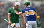 21 May 2023; Aaron Gillane of Limerick, left, and Brian McGrath of Tipperary during the Munster GAA Hurling Senior Championship Round 4 match between Tipperary and Limerick at FBD Semple Stadium in Thurles, Tipperary. Photo by Brendan Moran/Sportsfile