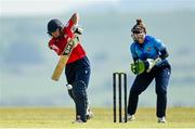 21 May 2023; Dragons batter Amy Hunter and Typhoons wicket-keeper Mary Waldron during the Evoke Super Series match between Dragons and Typhoons at Oak Hill Cricket Club in Kilbride, Wicklow. Photo by Seb Daly/Sportsfile
