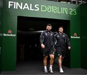 20 May 2023; Michael Milne and Thomas Clarkson of Leinster before the Heineken Champions Cup final match between Leinster and La Rochelle at the Aviva Stadium in Dublin. Photo by Harry Murphy/Sportsfile