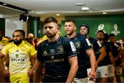 20 May 2023; Ross Byrne, centre, and Ross Molony of Leinster walk out before during the Heineken Champions Cup final match between Leinster and La Rochelle at the Aviva Stadium in Dublin. Photo by Harry Murphy/Sportsfile