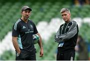 20 May 2023; Leinster assistant coach Andrew Goodman and La Rochelle head coach Ronan O'Gara before the Heineken Champions Cup final match between Leinster and La Rochelle at the Aviva Stadium in Dublin. Photo by Harry Murphy/Sportsfile