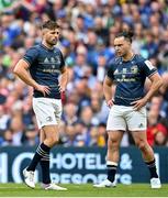 20 May 2023; Ross Byrne, left, and James Lowe of Leinster during the Heineken Champions Cup Final match between Leinster and La Rochelle at Aviva Stadium in Dublin. Photo by Ramsey Cardy/Sportsfile