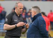 21 May 2023; Referee Johnny Murphy and Cork manager Pat Ryan in conversation the Munster GAA Hurling Senior Championship Round 4 match between Clare and Cork at Cusack Park in Ennis, Clare. Photo by Ray McManus/Sportsfile