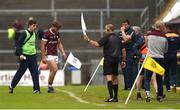 21 May 2023; Fintan Burke of Galway is substituted after picking up an injury during the Leinster GAA Hurling Senior Championship Round 4 match between Galway and Antrim at Pearse Stadium in Galway. Photo by Tom Beary/Sportsfile