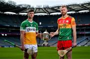 23 May 2023; Jason Sampson of Offaly, left, and Paul Doyle of Carlow during the Joe McDonagh Cup Final media event at Croke Park in Dublin. Photo by David Fitzgerald/Sportsfile