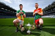 23 May 2023; Jason Sampson of Offaly, left, and Paul Doyle of Carlow during the Joe McDonagh Cup Final media event at Croke Park in Dublin. Photo by David Fitzgerald/Sportsfile