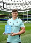 24 May 2023; Dan Sheehan of Leinster pictured with his BKT URC Players’ Player of the Season award at the Aviva Stadium in Dublin. Photo by Harry Murphy/Sportsfile