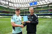 24 May 2023; Dan Sheehan of Leinster is presented with his BKT URC Players’ Player of the Season award by head coach Leo Cullen at the Aviva Stadium in Dublin. Photo by Harry Murphy/Sportsfile