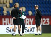 23 May 2023; Republic of Ireland head coach Colin O'Brien, right, with coach David Meyler and operations manager Denise McElhinney before the UEFA European U17 Championship Final Tournament match between Hungary and Republic of Ireland at Pancho Aréna in Felcsút, Hungary. Photo by David Balogh/Sportsfile