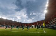 23 May 2023; Republic of Ireland players warm up before the UEFA European U17 Championship Final Tournament match between Hungary and Republic of Ireland at Pancho Aréna in Felcsút, Hungary. Photo by David Balogh/Sportsfile