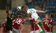 23 May 2023; Mason Melia of Republic of Ireland heads to score his side's second goal during the UEFA European U17 Championship Final Tournament match between Hungary and Republic of Ireland at Pancho Aréna in Felcsút, Hungary. Photo by David Balogh/Sportsfile