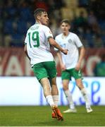 23 May 2023; Mason Melia of Republic of Ireland celebrates after scoring his side's third goal during the UEFA European U17 Championship Final Tournament match between Hungary and Republic of Ireland at Pancho Aréna in Felcsút, Hungary. Photo by David Balogh/Sportsfile